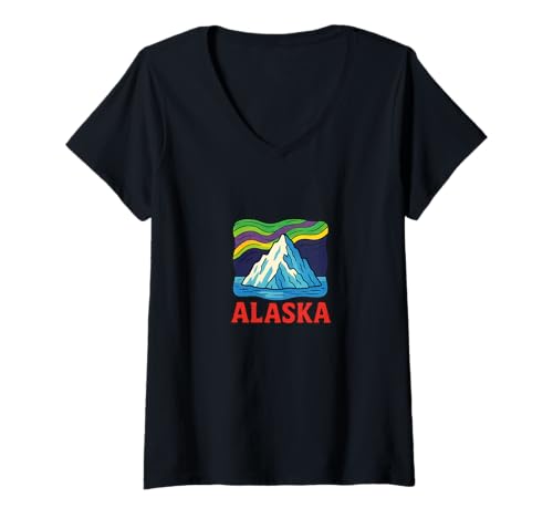 Damen Alaskas Wilderness Retro-Abenteuer im Norden Mitternachtssonne T-Shirt mit V-Ausschnitt Damen Alaskas Wilderness Retro-Abenteuer im Norden Mitternachtssonne T-Shirt mit V-Ausschnitt von Glacier Trail Outfitters Co