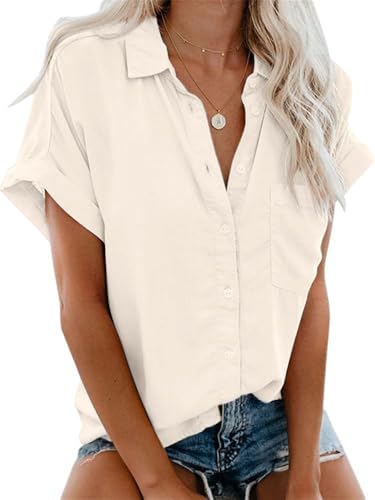 Glacspyg Bluse Damen Elegant Casual Work Shirt Bluse 100% Baumwolle Damen Blusen Sommer Short Shirt Tops Bluse Aprikose XL von Glacspyg