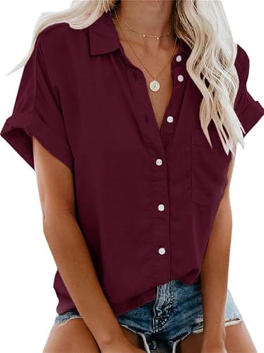 Glacspyg Bluse Damen Elegant Casual Work Shirt Bluse 100% Baumwolle Damen Blusen Sommer Short Shirt Tops Bluse Weinrot L von Glacspyg