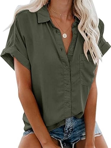Glacspyg Bluse Damen Elegant Casual Arbeit Hemdbluse 100% Baumwolle Damenblusen Sommer Kurz Hemd Oberteile Bluse Grün M von Glacspyg