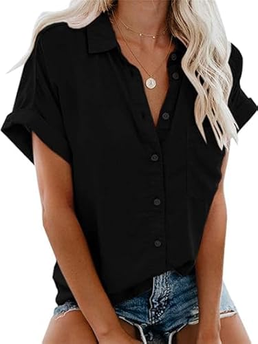 Glacspyg Bluse Damen Elegant Casual Arbeit Hemdbluse 100% Baumwolle Damenblusen Sommer Kurz Hemd Oberteile Bluse Schwarz XL von Glacspyg