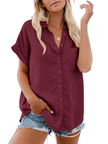 Glacspyg Bluse Damen Elegant Casual Arbeit Hemdbluse 100% Baumwolle Damenblusen Sommer Kurz Hemd Oberteile Bluse Weinrot M von Glacspyg