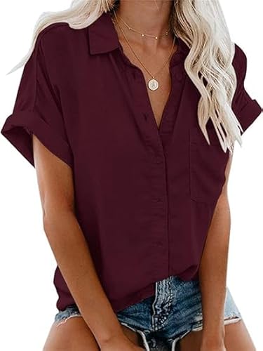 Glacspyg Bluse Damen Elegant Casual Arbeit Hemdbluse 100% Baumwolle Damenblusen Sommer Kurz Hemd Oberteile Bluse Weinrot S von Glacspyg