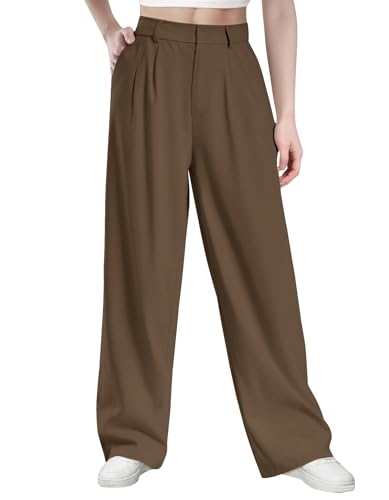 Glacspyg Damen Herbst und Winter Hohe Taille Freizeithosen Hochdichter Polyester Elasthan Stoff Business Arbeitshosen Glatte Elegante Weite Hosen mit Taschen Braun XL von Glacspyg