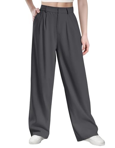 Glacspyg Damen Herbst und Winter Hohe Taille Freizeithosen Hochdichter Polyester Elasthan Stoff Business Arbeitshosen Glatte Elegante Weite Hosen mit Taschen Dunkelgrau L von Glacspyg