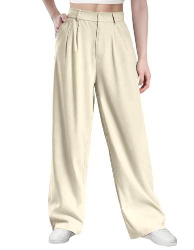 Glacspyg Damen Herbst und Winter Hohe Taille Freizeithosen Hochdichter Polyester Elasthan Stoff Business Arbeitshosen Glatte Elegante Weite Hosen mit Taschen Kaki L von Glacspyg