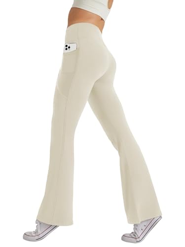 Glacspyg Damen Hose mit Taschen Yogahose Freizeit Jogginghose High Waist Sporthose Elastische Weite Bootcut Jazzpants Khaki 2XL von Glacspyg