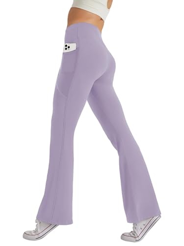 Glacspyg Damen Hose mit Taschen Yogahose Freizeit Jogginghose High Waist Sporthose Elastische Weite Bootcut Jazzpants Lila M von Glacspyg