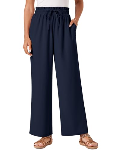 Glacspyg Damen Hosen Casual Flowy Wide Leg Freizeithose High Waisted Kordelzug Palazzo Hosen mit Taschen Marineblau L von Glacspyg