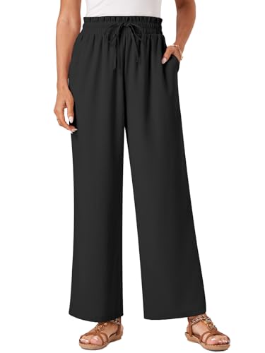 Glacspyg Damen Hosen Casual Flowy Wide Leg Freizeithose High Waisted Kordelzug Palazzo Hosen mit Taschen Schwarz XS von Glacspyg