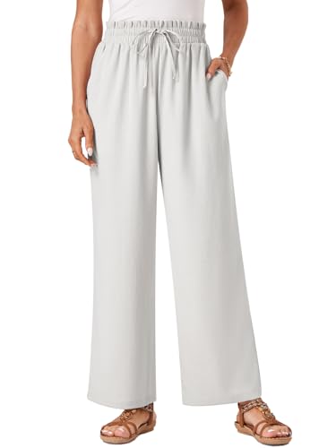 Glacspyg Damen Hosen Casual Flowy Wide Leg Freizeithose High Waisted Kordelzug Palazzo Hosen mit Taschen Weiß XL von Glacspyg