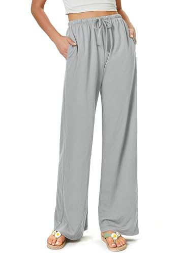 Glacspyg Damen Hosen Flowy Wide Leg Freizeithose Casual Beach Strandhose High Waisted Kordelzug Palazzo Hosen mit Taschen Dunkelgrau L von Glacspyg