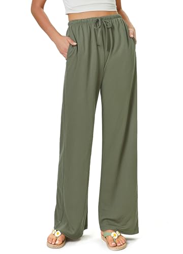 Glacspyg Damen Hosen Flowy Wide Leg Freizeithose Casual Beach Strandhose High Waisted Kordelzug Palazzo Hosen mit Taschen Graugrün S von Glacspyg