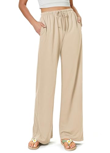 Glacspyg Damen Hosen Flowy Wide Leg Freizeithose Casual Beach Strandhose High Waisted Kordelzug Palazzo Hosen mit Taschen Khaki S von Glacspyg
