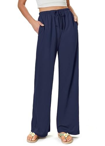 Glacspyg Damen Hosen Flowy Wide Leg Freizeithose Casual Beach Strandhose High Waisted Kordelzug Palazzo Hosen mit Taschen Marineblau 2XL von Glacspyg