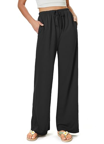 Glacspyg Damen Hosen Flowy Wide Leg Freizeithose Casual Beach Strandhose High Waisted Kordelzug Palazzo Hosen mit Taschen Schwarz 2XL von Glacspyg