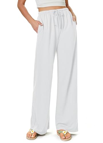 Glacspyg Damen Hosen Flowy Wide Leg Freizeithose Casual Beach Strandhose High Waisted Kordelzug Palazzo Hosen mit Taschen Weiß XS von Glacspyg