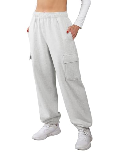 Glacspyg Damen Hose Lang Sporthose Fitness High Waist mit Elastischem Bund und Taschen Freizeithose Enges Bein Hellgrau 2XL von Glacspyg