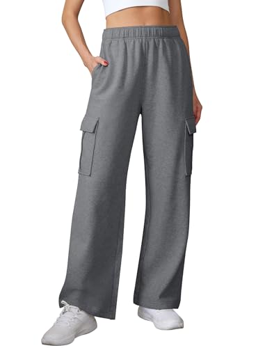 Glacspyg Damen Hose Lang Sporthose Fitness High Waist mit Elastischem Bund und Taschen Freizeithose Lockere Hosenbeine Hanf grau M von Glacspyg