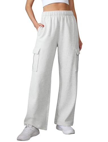 Glacspyg Damen Hose Lang Sporthose Fitness High Waist mit Elastischem Bund und Taschen Freizeithose Lockere Hosenbeine Hellgrau XL von Glacspyg