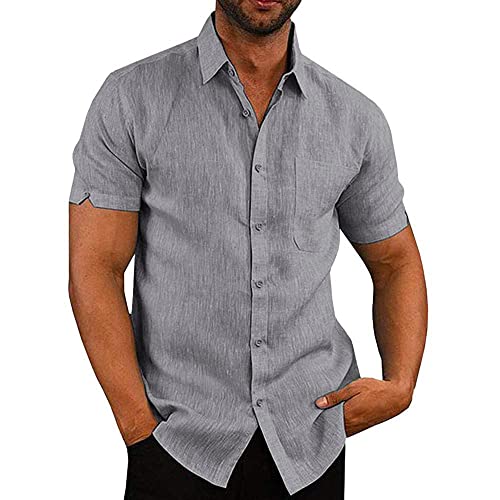 Glacspyg Leinenhemd Herren Kurzarm Leinenhemd Arbeit Freizeithemd Fit Business Casual Urlaub Sommer Strand Hemd Grau 2XL von Glacspyg