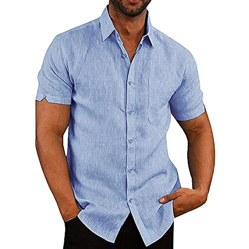 Glacspyg Leinenhemd Herren Kurzarm Leinenhemd Arbeit Freizeithemd Fit Business Casual Urlaub Sommer Strand Hemd Himmelblau 2XL von Glacspyg