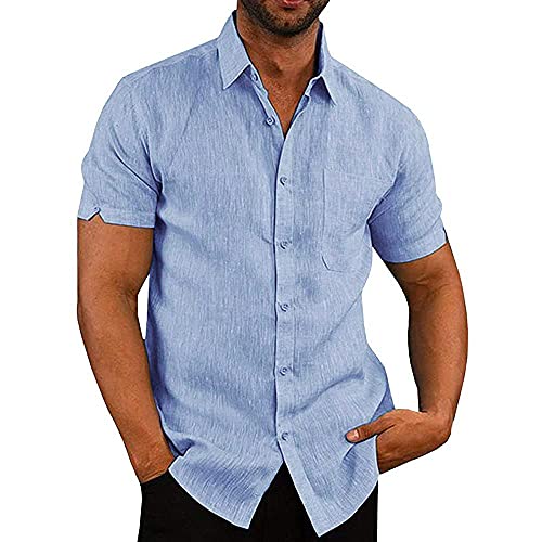 Glacspyg Leinenhemd Herren Kurzarm Leinenhemd Arbeit Freizeithemd Fit Business Casual Urlaub Sommer Strand Hemd Himmelblau M von Glacspyg