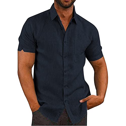 Glacspyg Leinenhemd Herren Kurzarm Leinenhemd Arbeit Freizeithemd Fit Business Casual Urlaub Sommer Strand Hemd Marineblau 3XL von Glacspyg