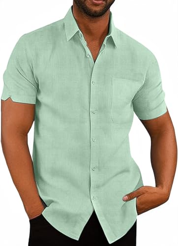 Glacspyg Leinenhemd Herren Kurzarm Leinenhemd Arbeit Freizeithemd Fit Business Casual Urlaub Sommer Strand Hemd Mint Grün M von Glacspyg