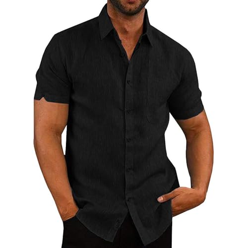 Glacspyg Leinenhemd Herren Kurzarm Leinenhemd Arbeit Freizeithemd Fit Business Casual Urlaub Sommer Strand Hemd Schwarz 2XL von Glacspyg