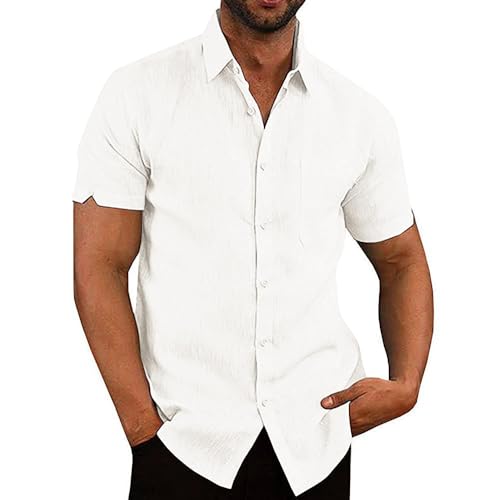 Glacspyg Leinenhemd Herren Kurzarm Leinenhemd Arbeit Freizeithemd Fit Business Casual Urlaub Sommer Strand Hemd Weiß 2XL von Glacspyg