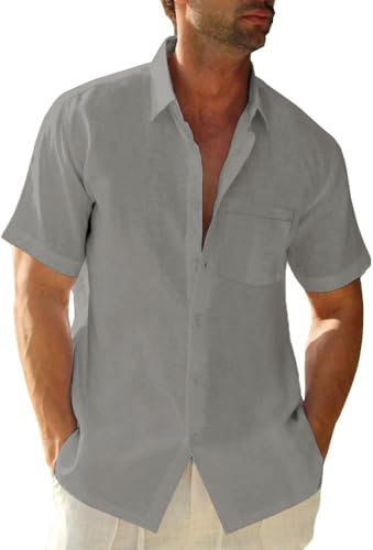 Glacspyg Leinenhemd Herren Kurzarmhemd Arbeit Freizeithemd Fitted Business Casual Urlaub Sommer Strand mit Tasche Grau M von Glacspyg