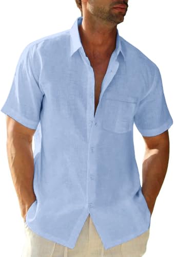 Glacspyg Leinenhemd Herren Kurzarmhemd Arbeit Freizeithemd Fitted Business Casual Urlaub Sommer Strand mit Tasche Himmelblau 2XL von Glacspyg