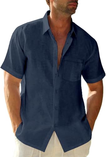 Glacspyg Leinenhemd Herren Kurzarmhemd Arbeit Freizeithemd Fitted Business Casual Urlaub Sommer Strand mit Tasche Marineblau XL Glacspyg Leinenhemd Herren Kurzarmhemd Arbeit Freizeithemd Fitted Business Casual Urlaub Sommer Strand mit Tasche Marineblau XL von Glacspyg
