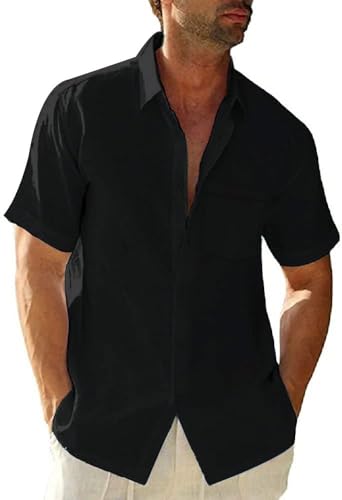 Glacspyg Leinenhemd Herren Kurzarmhemd Arbeit Freizeithemd Fitted Business Casual Urlaub Sommer Strand mit Tasche Schwarz M von Glacspyg