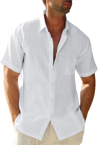 Glacspyg Leinenhemd Herren Kurzarmhemd Arbeit Freizeithemd Fitted Business Casual Urlaub Sommer Strand mit Tasche Weiß XL Glacspyg Leinenhemd Herren Kurzarmhemd Arbeit Freizeithemd Fitted Business Casual Urlaub Sommer Strand mit Tasche Weiß XL von Glacspyg