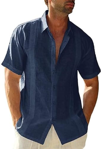 Glacspyg Leinenhemd Herren Sommer Kurzarm Guayabera Leinenhemd Arbeit Freizeithemd Fit Business Casual Urlaub Marineblau M von Glacspyg