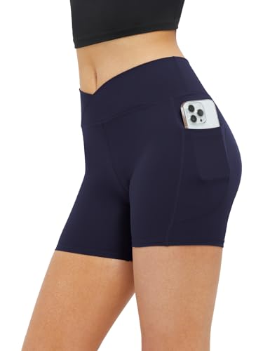 Glacspyg Radlerhose Damen mit Tasche Kurze Sporthose V-Taille High Waist Gym Shorts Kurze Leggings für Yoga Gym Fitness Laufen Marineblau XL von Glacspyg