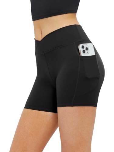 Glacspyg Radlerhose Damen mit Tasche Kurze Sporthose V-Taille High Waist Gym Shorts Kurze Leggings für Yoga Gym Fitness Laufen Schwarz 2XL von Glacspyg