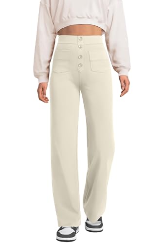 Glacspyg Weite Hose Damen Hohe Taille Sporthose Knopf Gerade Hosen mit Taschen Elastische Freizeithose Khaki M von Glacspyg
