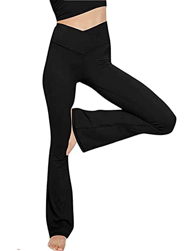 Glacspyg Yogahose Damen，Schlaghose V-Taille Bootcut Sporthose Freizeithose Jogginghosen für Fitness Schwarz L von Glacspyg