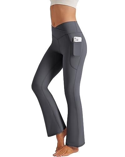 Glacspyg Yogahose Damen，Schlaghose mit Taschen V-Taille Bootcut Sporthose Freizeithose Jogginghosen für Fitness Dunkelgrau 2XL von Glacspyg