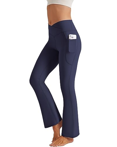 Glacspyg Yogahose Damen，Schlaghose mit Taschen V-Taille Bootcut Sporthose Freizeithose Jogginghosen für Fitness Marineblau 2XL von Glacspyg