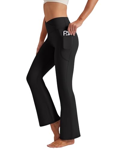 Glacspyg Yogahose Damen，Schlaghose mit Taschen V-Taille Bootcut Sporthose Freizeithose Jogginghosen für Fitness Schwarz L von Glacspyg