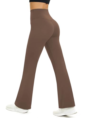 Glacspyg Yogahose Damen Flared Sporthose Hohe Taille Schlaghose mit Bauchkontrolle Trainings Fitness Jogginghose Braun S von Glacspyg