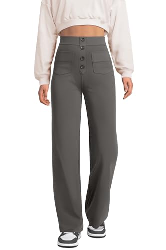 Glacspyg Weite Hose Damen Hohe Taille Sporthose Knopf Gerade Hosen mit Taschen Elastische Freizeithose Dunkelgrau M von Glacspyg