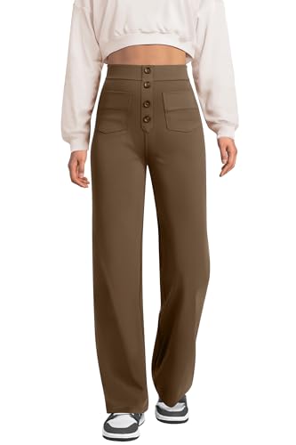 Glacspyg Weite Hose Damen Hohe Taille Sporthose Knopf Gerade Hosen mit Taschen Elastische Freizeithose Braun M von Glacspyg