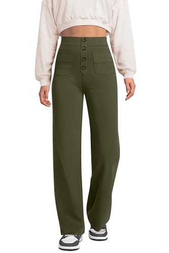 Glacspyg Weite Hose Damen Hohe Taille Sporthose Knopf Gerade Hosen mit Taschen Elastische Freizeithose Olivgrün 2XL von Glacspyg