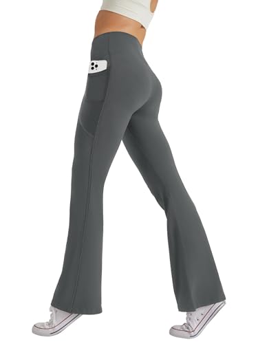 Glacspyg Damen Hose mit Taschen Yogahose Freizeit Jogginghose High Waist Sporthose Elastische Weite Bootcut Jazzpants Dunkelgrau XS von Glacspyg