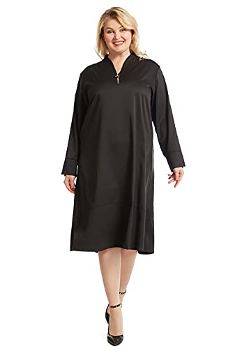 GladThink Frauen Übergröße Knielänge Kleid Lange Ärmel V-Ausschnitt Schwarz 6XL von GladThink